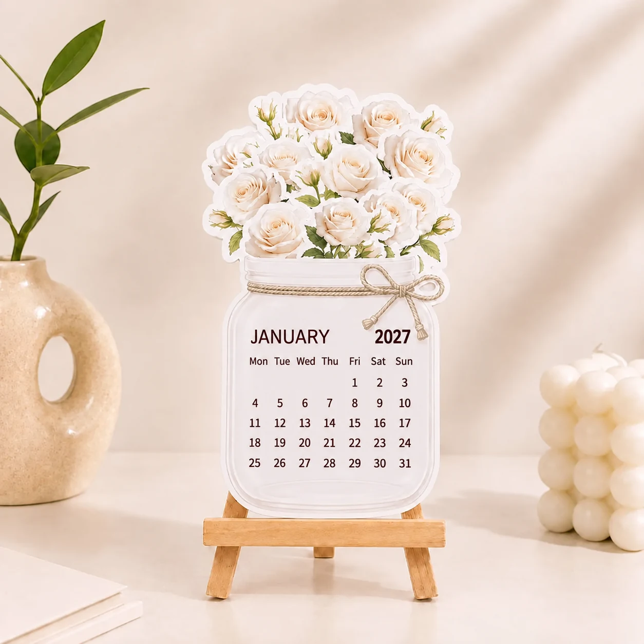 White rose desk calendar for January 2027