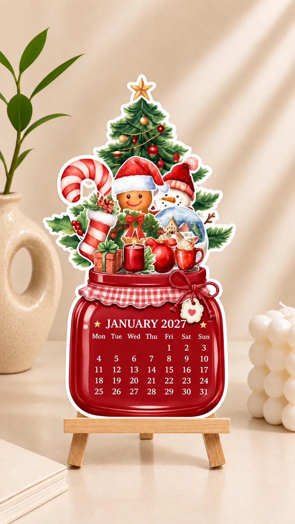 Christmas-themed desk calendar for January 2027