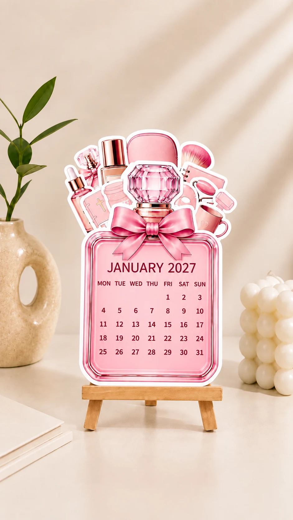 Pink perfume desk calendar for January 2027