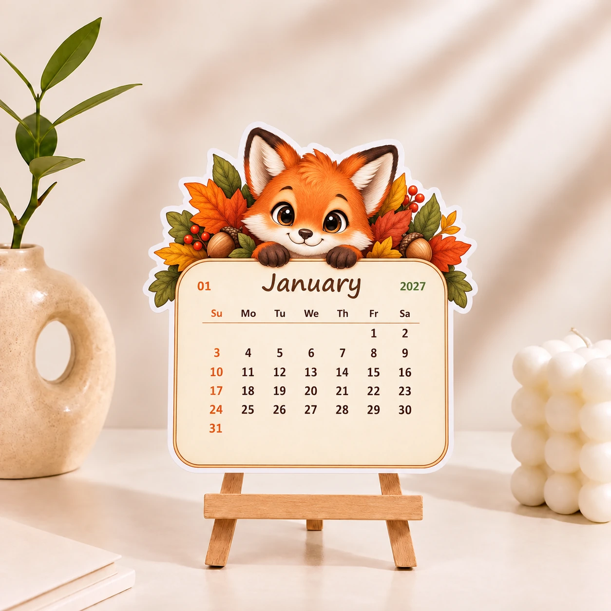 Woodland fox desk calendar for January 2027
