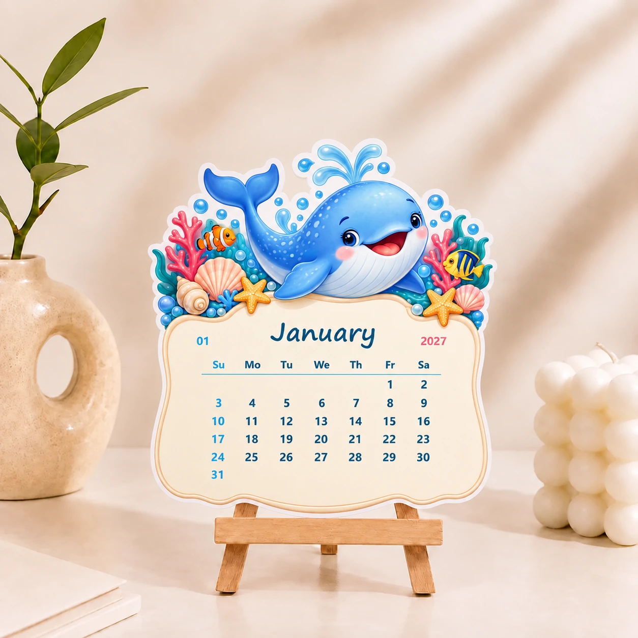 Ocean whale desk calendar for January 2027