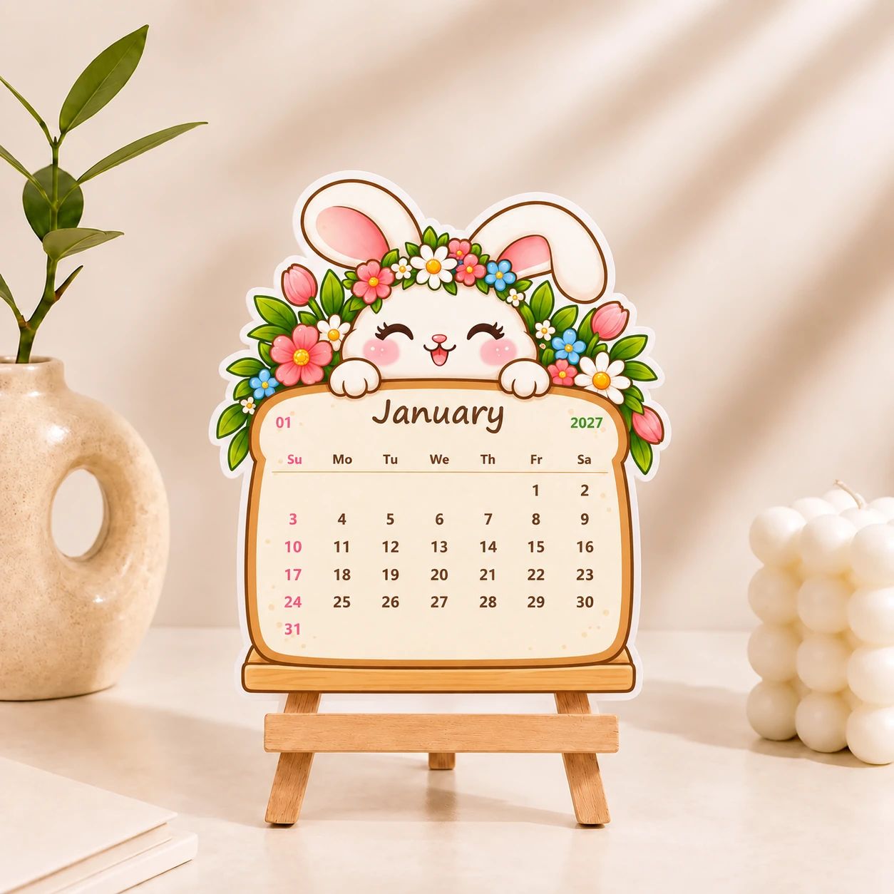 Floral bunny desk calendar for January 2027
