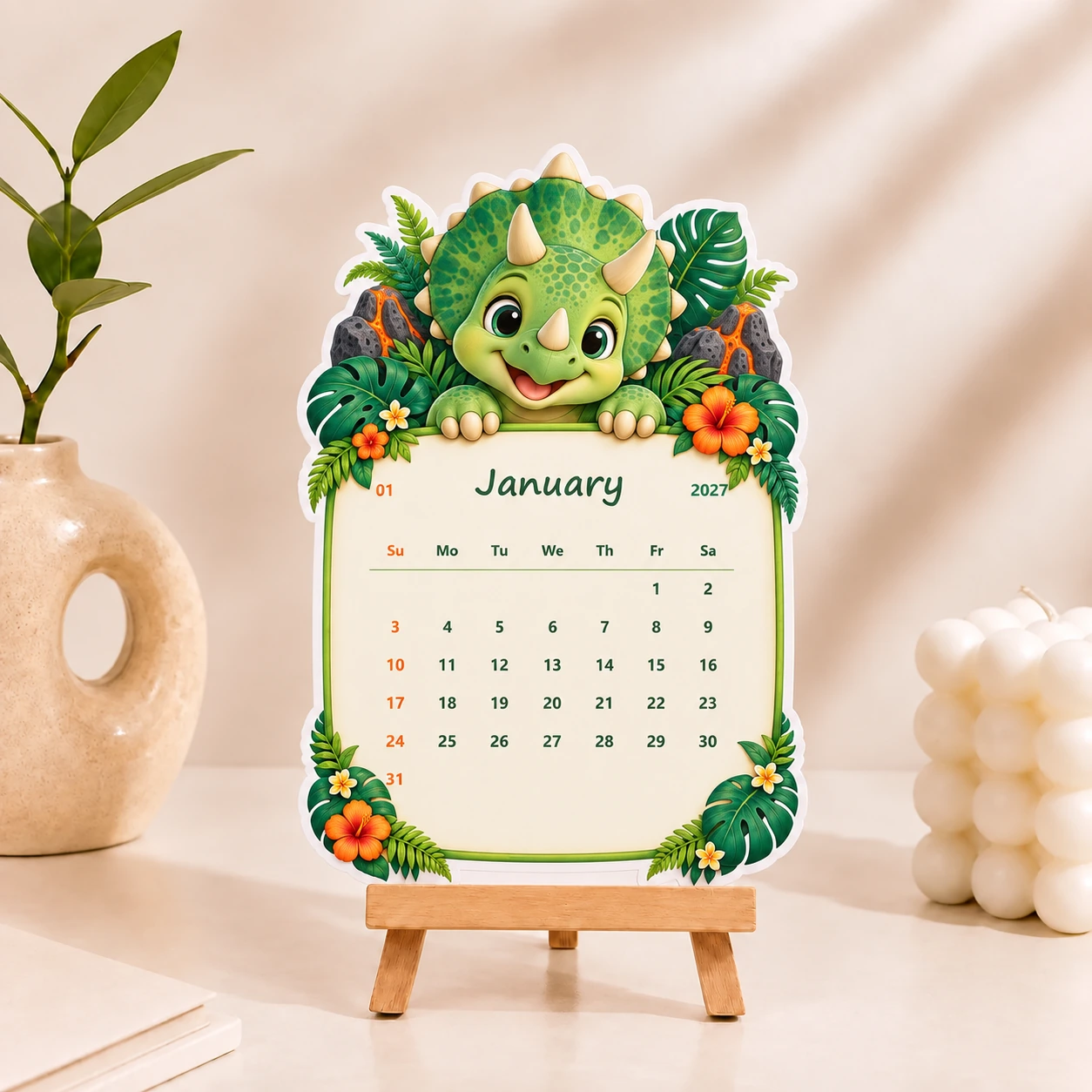 Jungle dinosaur desk calendar for January 2027