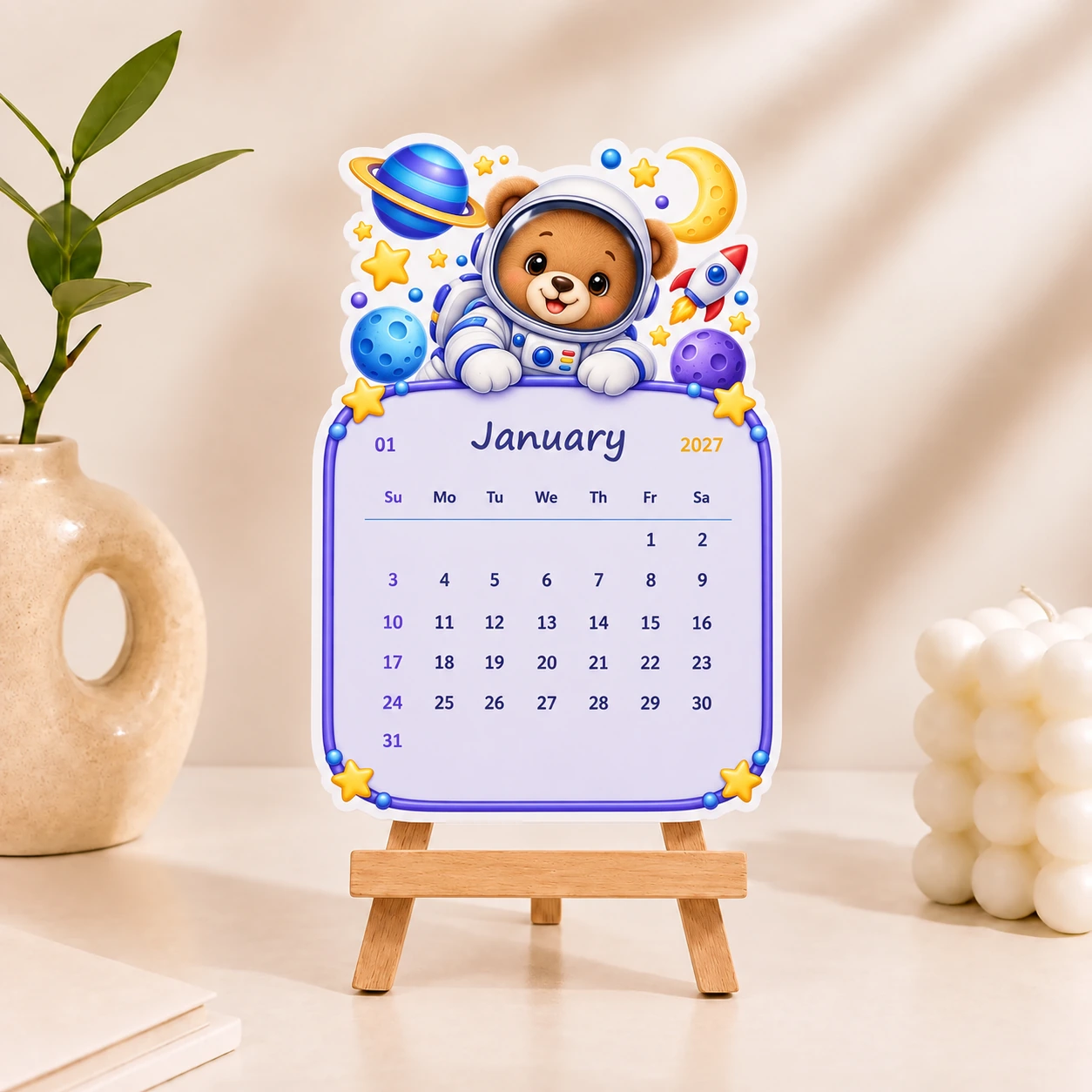 Space bear desk calendar for January 2027
