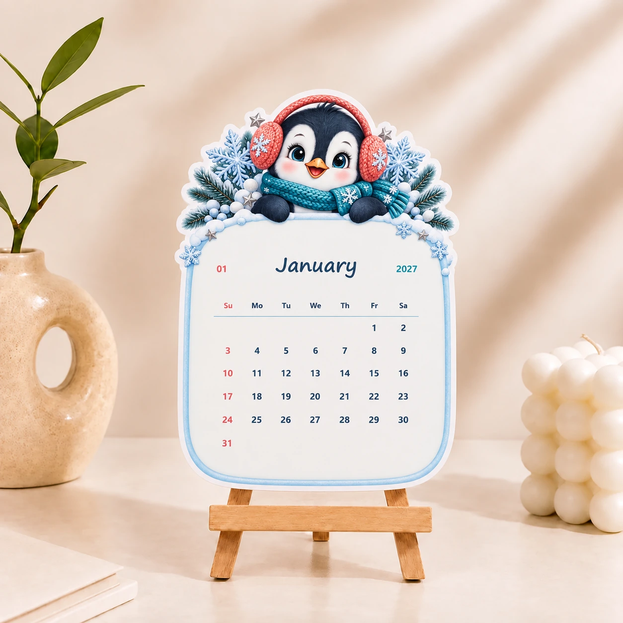 Winter penguin desk calendar for January 2027
