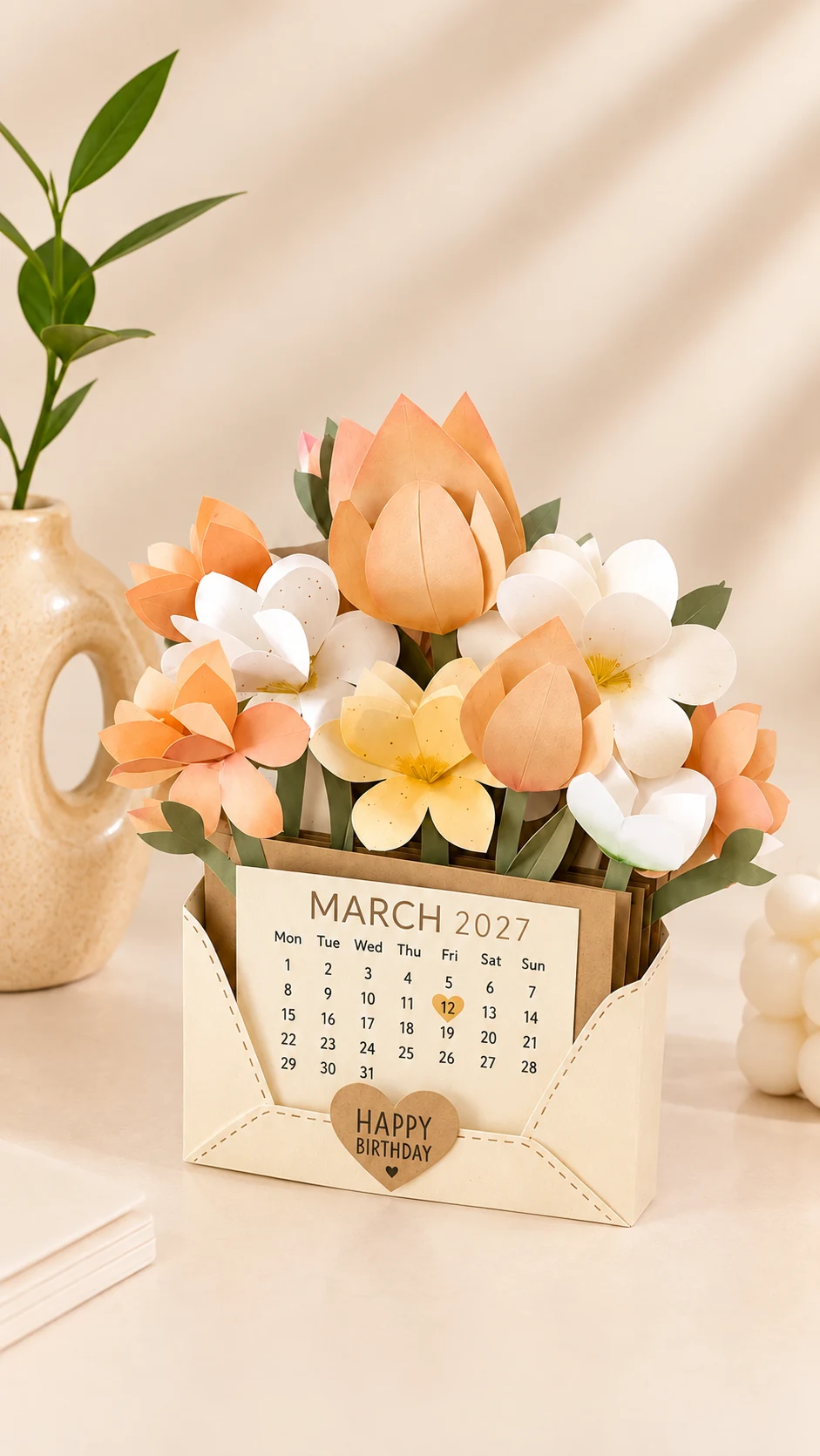 Floral birthday calendar for March 2027