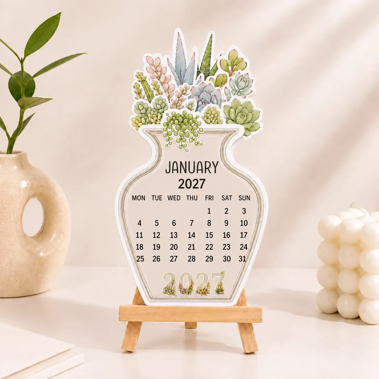 Succulent desk calendar for January 2027
