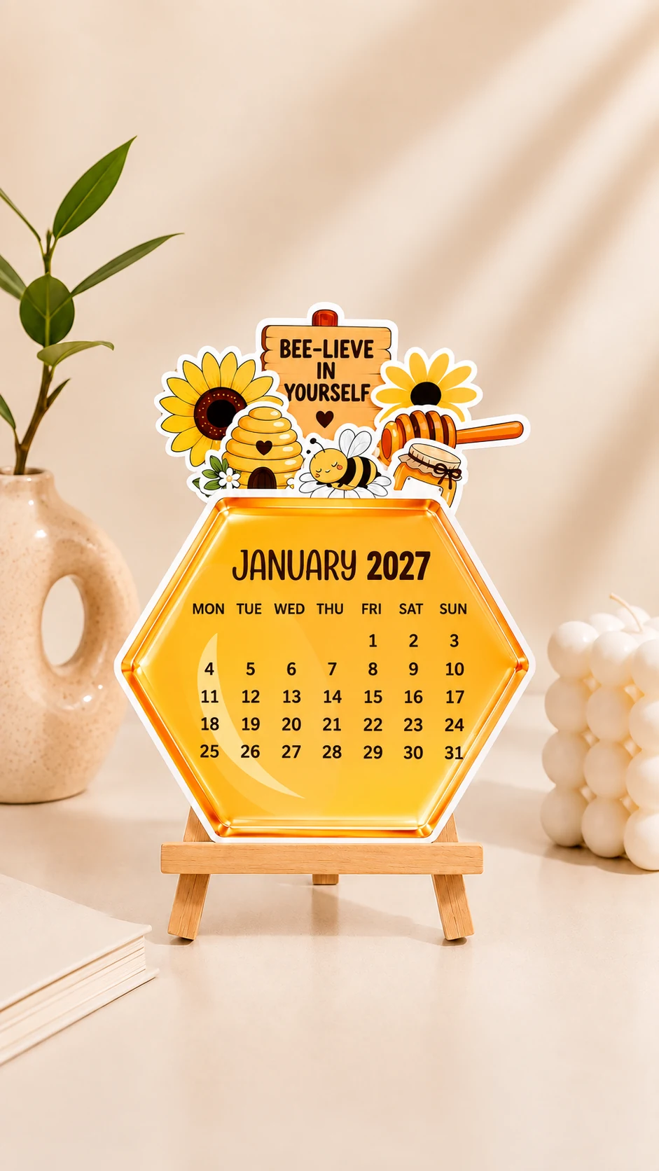 Bee-themed desk calendar for January 2027