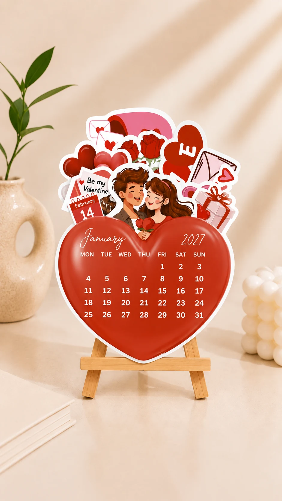 Heart-shaped desk calendar for January 2027