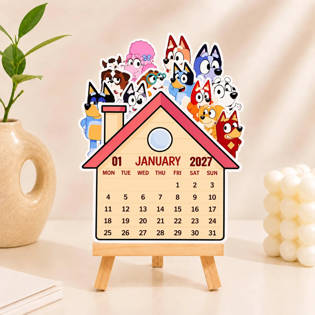 Cartoon dog desk calendar for January 2027